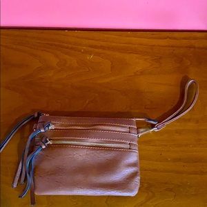 Brown faux leather wristlet/crossbody purse